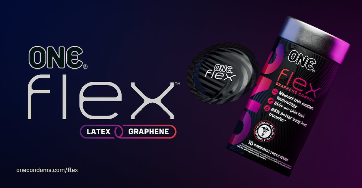 ONE Flex logo on a purple background. URL says onecondoms.com/flex. Round wrapper in black with Flex logo. Flex condom tube that says GRAPHENE CONDOM.