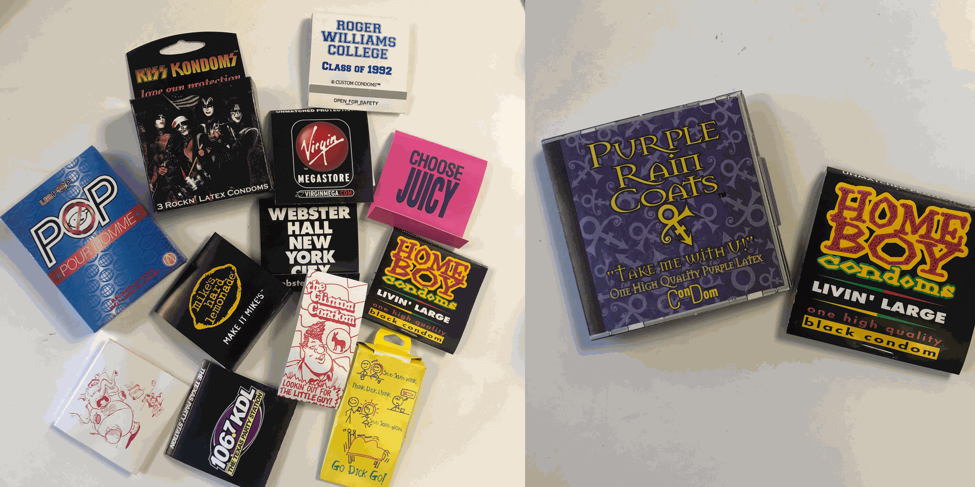 Images on various condom packaging including KISS CONDOMS, POP Condoms, 106.7 Radio Condoms, Home Boy Condoms, Prince Purple Tour Condoms, and Virgin Condoms, and Choose Juicy Condoms