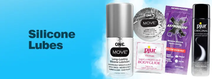 Image says Silicone Lubes on the left. Lubricant products on the right include Move 100ml bottle, Move 3ml packet, Pjur lube packet, Astroglide lube packet and Pjur lubricant bottle